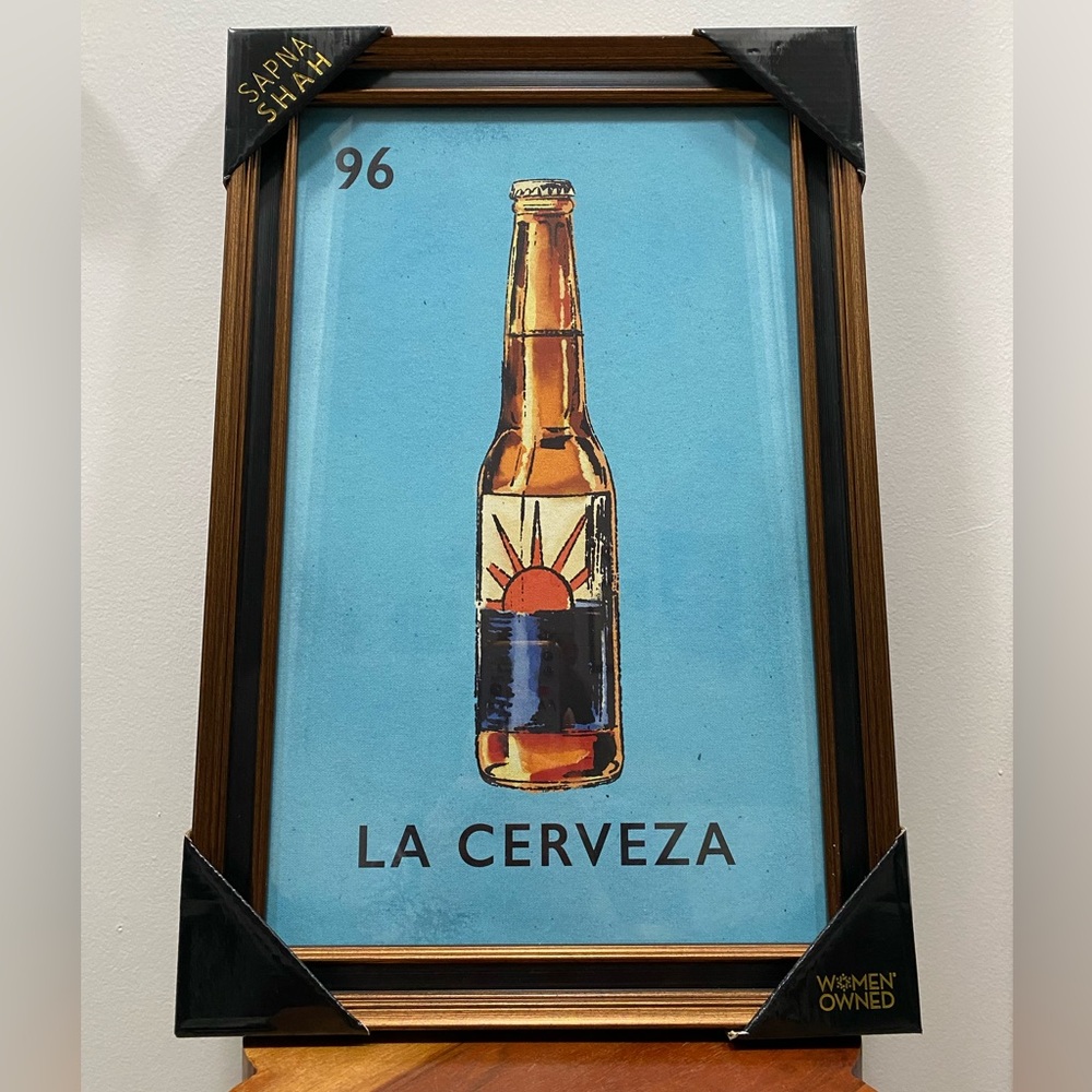 Loteria #96 LA CERVEZA Framed Wall Art Print by Sapna Shah